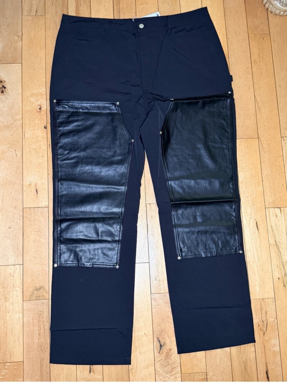 Men's Black Straight Jeans with Removable Leather Knee Panels